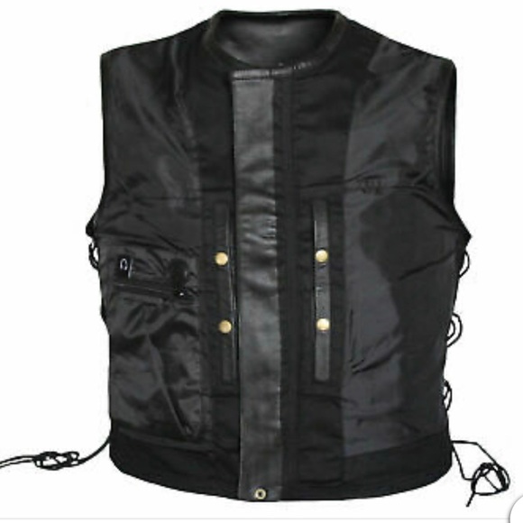 Mens Side Lace Zippered Biker Style Motorcycle Concealed Carry Leather Vest - Picture 4 of 7